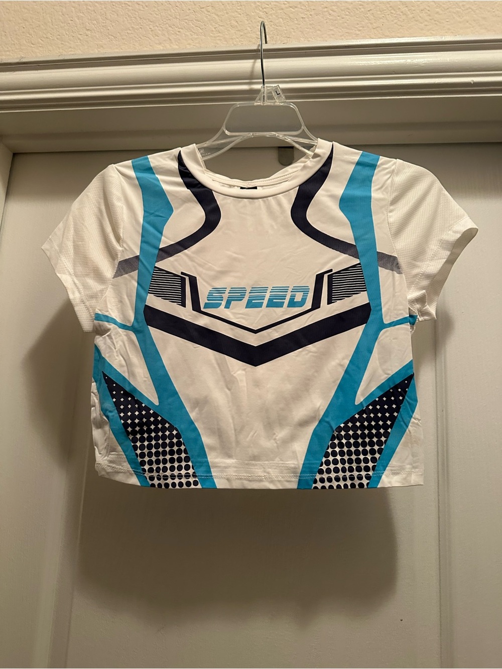 SHEIN White Crop Tee with Teal & Navy 'Speed' Graphic